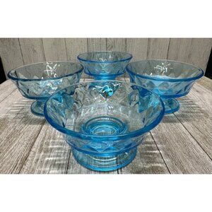 Vtg Pedestal Dessert Bowls DIA Bryce Style Diamond Pattern Aqua Blue 4.5" Set 4